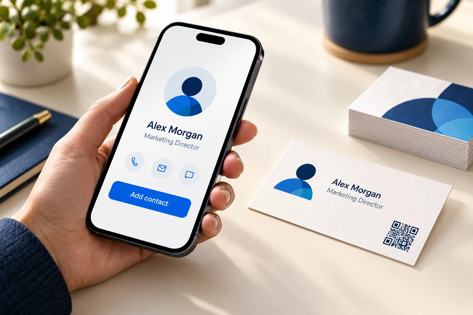 Illustration of a phone saving a contact from a business card QR