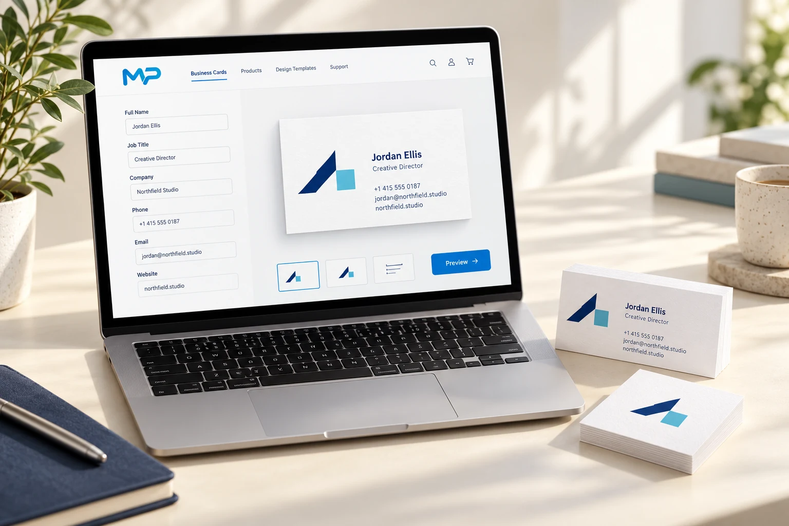 Illustration of the Mac Printer online business-card ordering experience
