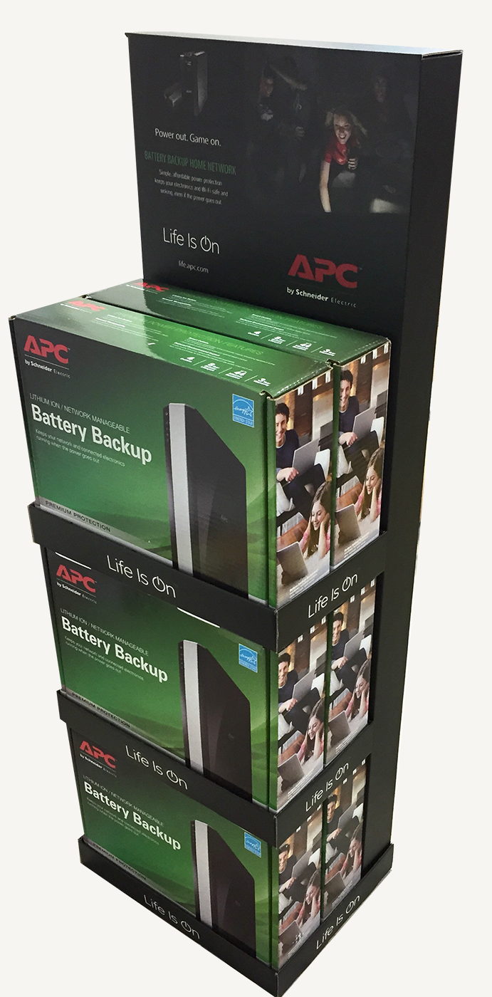 APC floor display stacked with battery-backup boxes