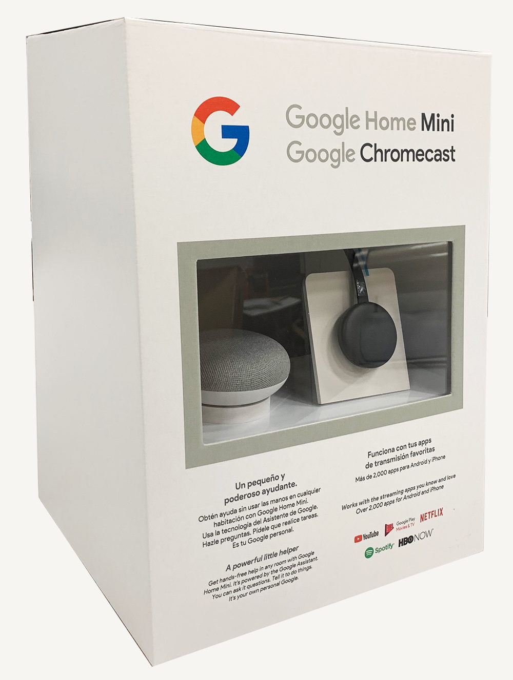 Google display cube for Home Mini and Chromecast, with both products in a window