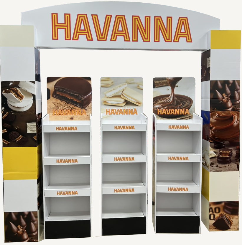 Havanna retail display with a header and three shelving units