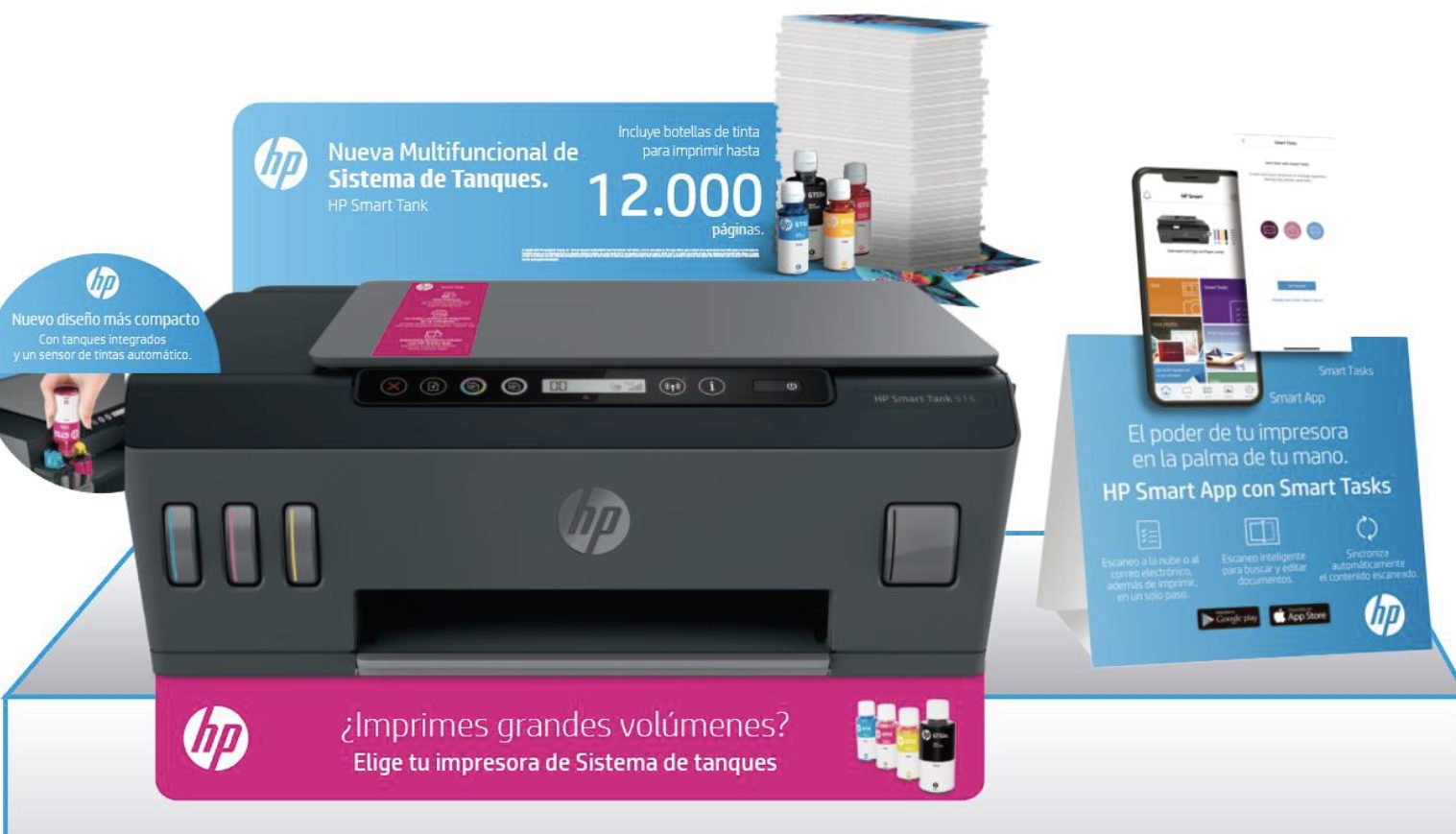 HP Smart Tank point-of-sale kit with counter cards, a shelf talker, and a tent card