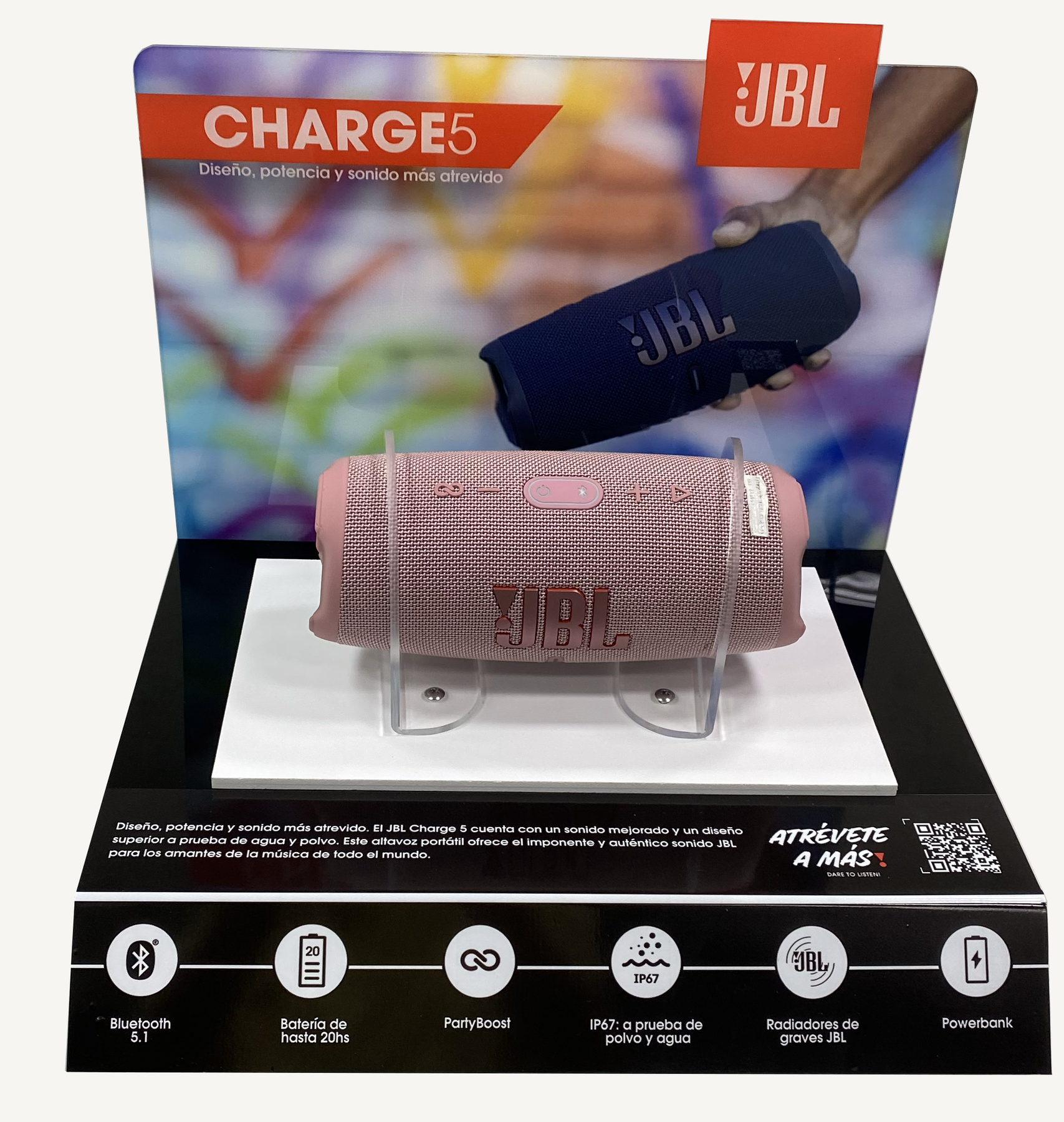 JBL Charge 5 counter display holding a speaker on a clear stand