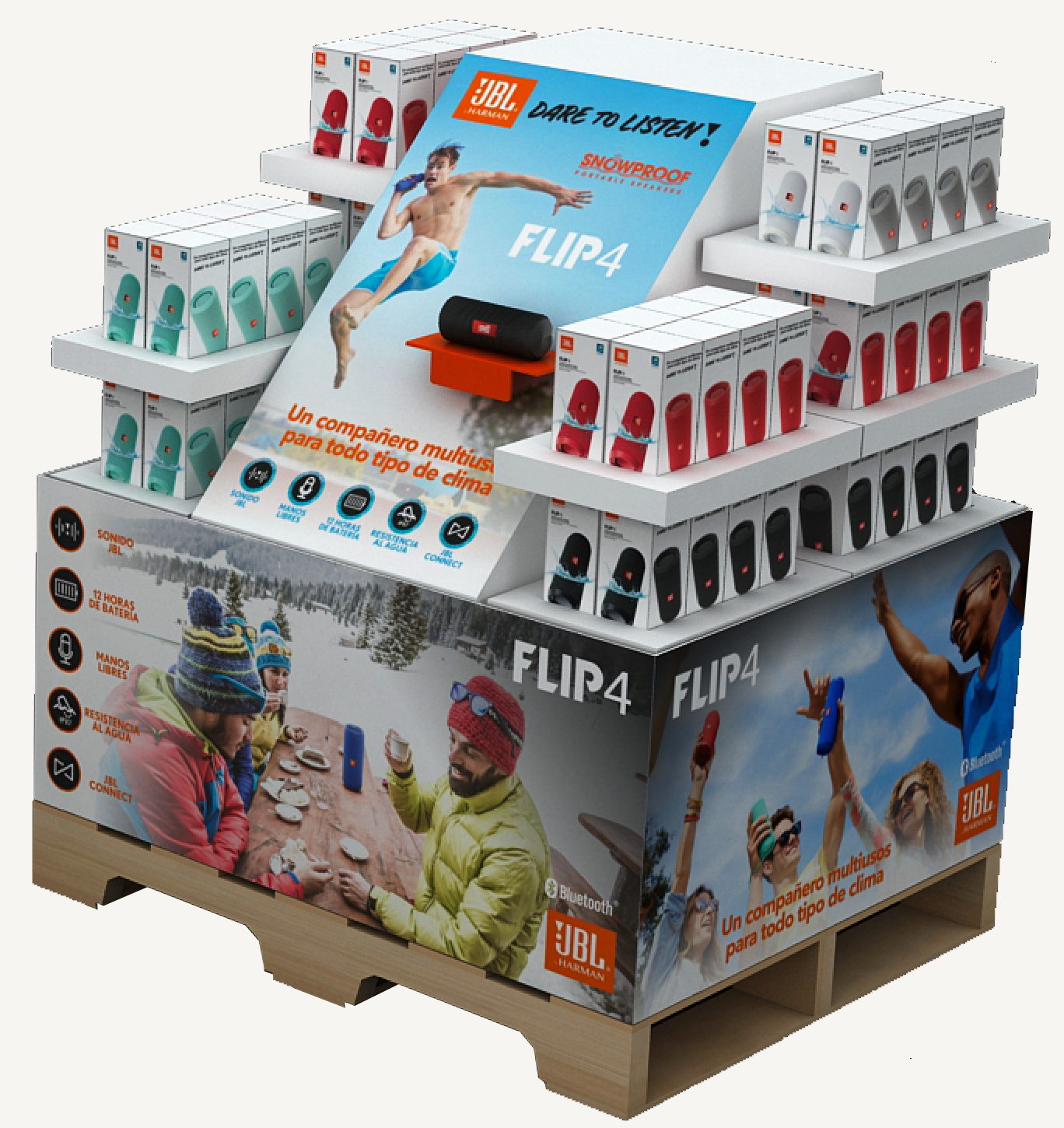 JBL Flip 4 pallet display with speaker boxes on shelves and graphics around the base